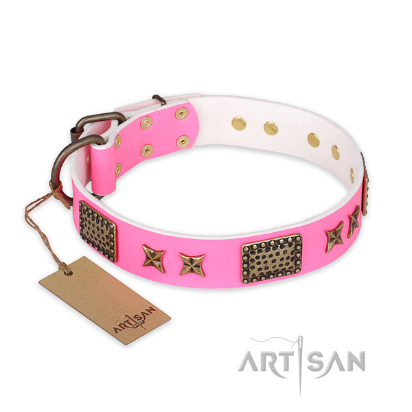 Adjustable natural genuine leather dog collar with strong D-ring