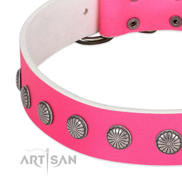 Flexible genuine leather dog collar with embellishments for walking