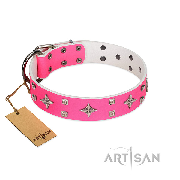 Fashionable full grain leather dog collar with durable D-ring