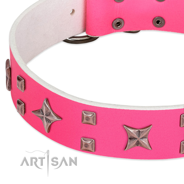 Strong D-ring on full grain genuine leather collar for everyday walking your pet