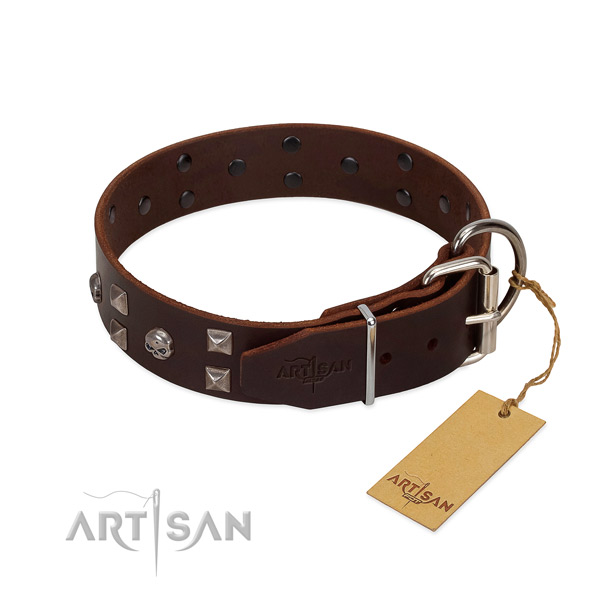 Unique genuine leather dog collar with rust resistant buckle