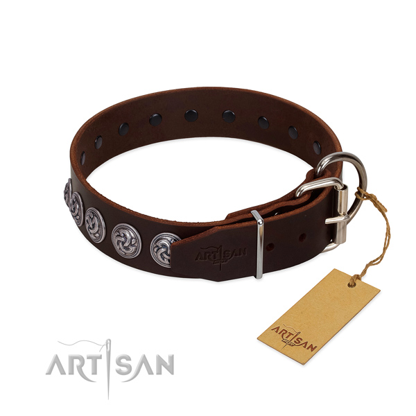 Rust-proof D-ring on full grain natural leather dog collar for walking your doggie