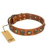 "Golden Epoch" FDT Artisan Tan Leather Cane Corso Collar with Old Bronze-plated Medallions and Conchos