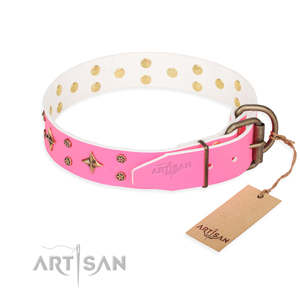 Daily use natural genuine leather collar with embellishments for your four-legged friend