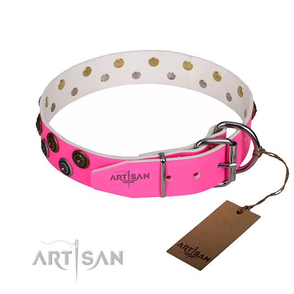 Daily use natural genuine leather collar with studs for your dog