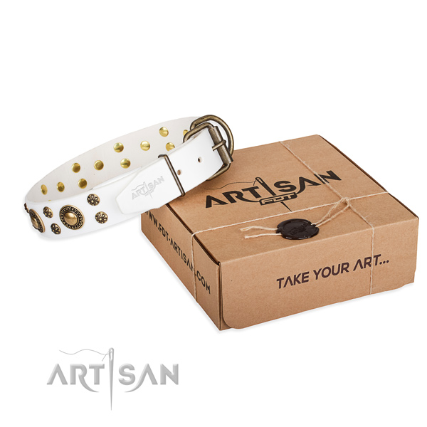 Natural genuine leather dog collar with decorations for walking