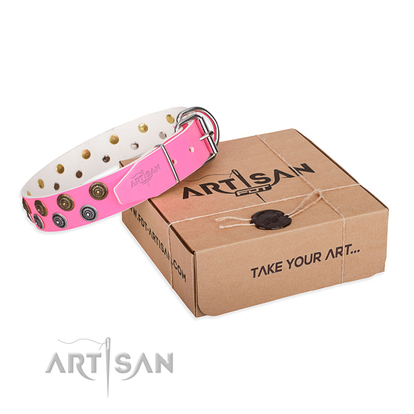 Adorned full grain genuine leather dog collar for easy wearing
