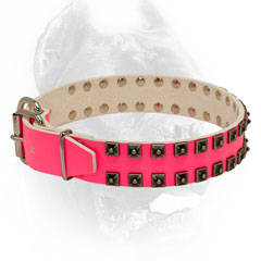 Leather dog collar pink with hardware