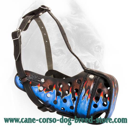 Reinforced Leather Cane Corso Muzzle with Blue Flames Painting