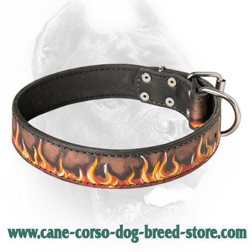 Branded Leather Dog Collar Painted In Fiery Flames for Great Corsos