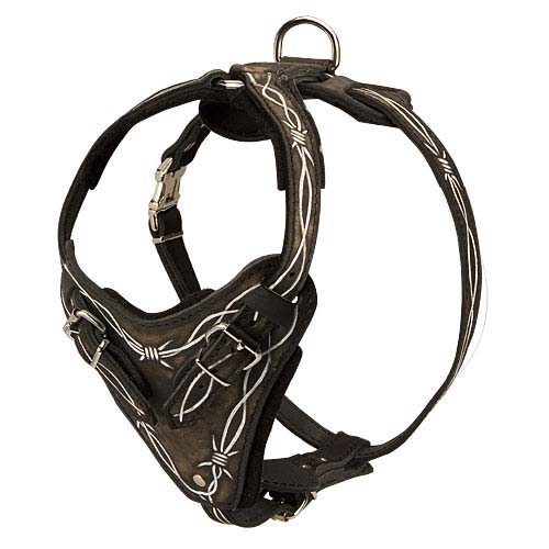 Unique Barbwire Painted Leather Dog Harness-Padded Fur Saver Cane Corso Harness