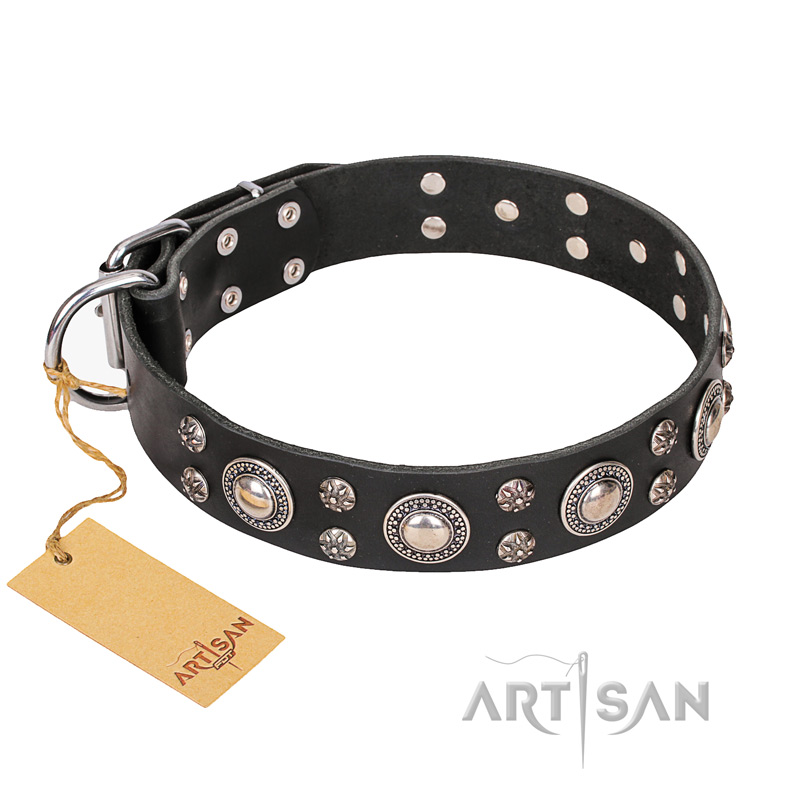 'Vintage Necklace' FDT Artisan Decorated Black Leather Cane Corso Dog Collar - 1 1/2 inch (40mm) wide
