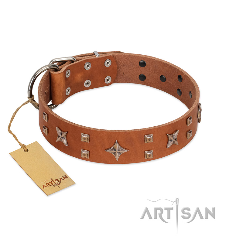 "Dreamy Gleam" FDT Artisan Tan Leather Cane Corso Collar Adorned with Stars and Squares - Click Image to Close