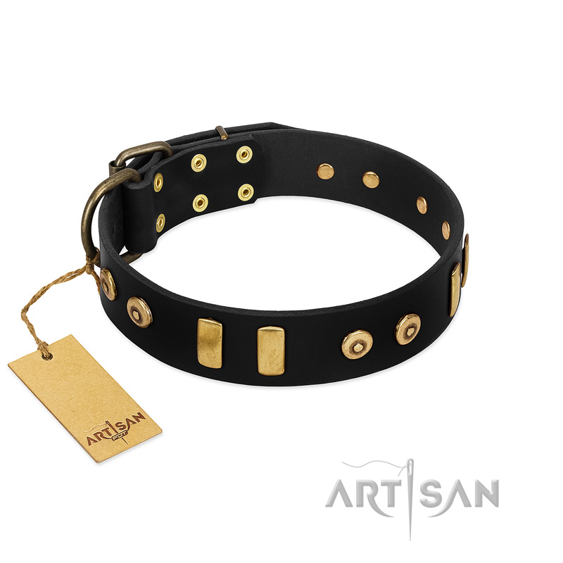 "Rare Dog" FDT Artisan Black Leather Cane Corso Collar with Old Bronze-like Dotted Studs and Tiles - Click Image to Close