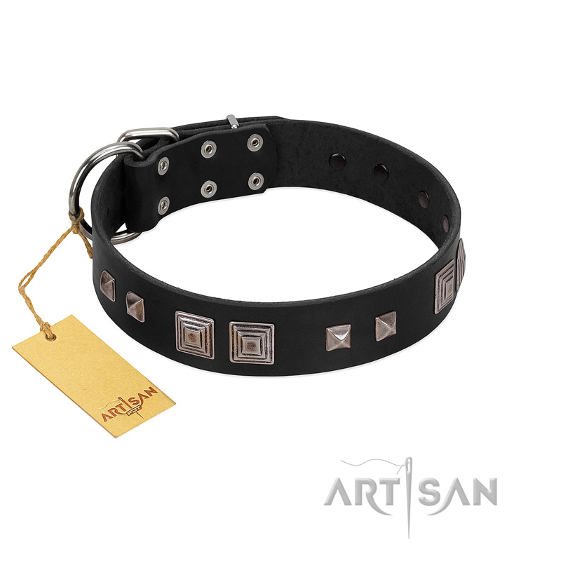 "Foregone Riches" FDT Artisan Black Leather Cane Corso Collar with Old Silver-like Square Studs and Pyramids