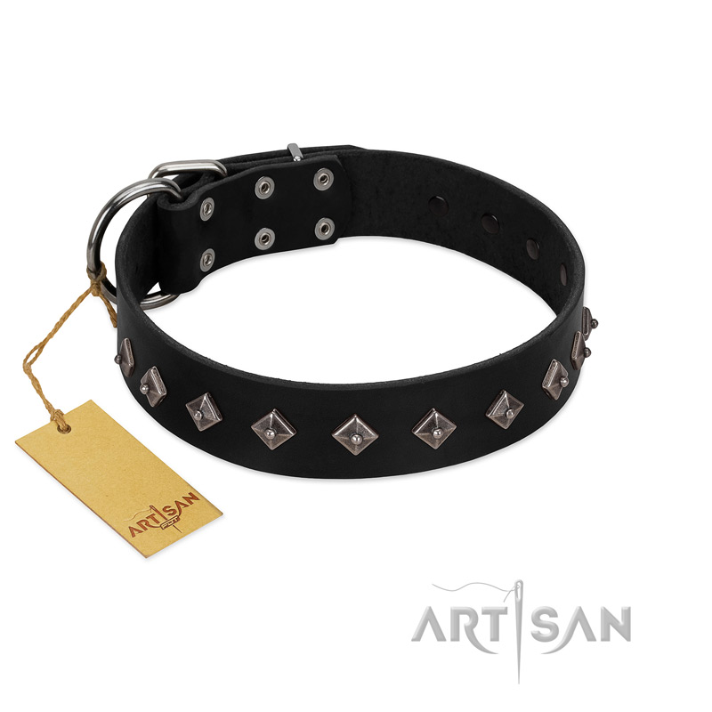 "Immense Power" Handcrafted FDT Artisan Black Leather Cane Corso Collar with Small Dotted Pyramids