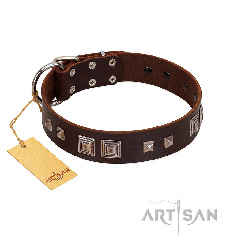 "Object of Virtu" FDT Artisan Brown Leather Cane Corso Collar with Old Silver-like Square Studs and Pyramids