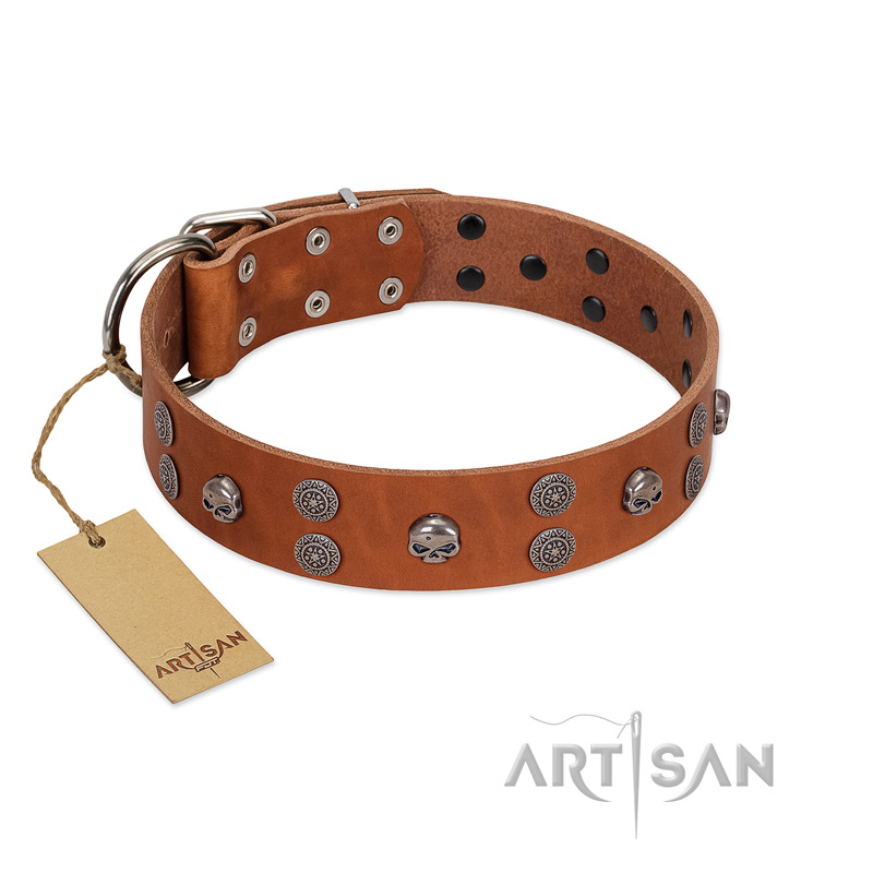 "Road Rider" FDT Artisan Tan Leather Cane Corso Collar with Old Silver-like Skulls and Medallions