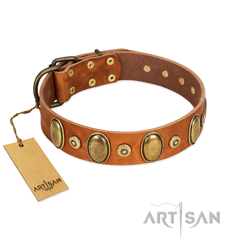 "Crystal Sand" FDT Artisan Tan Leather Cane Corso Collar with Vintage Looking Oval and Round Studs