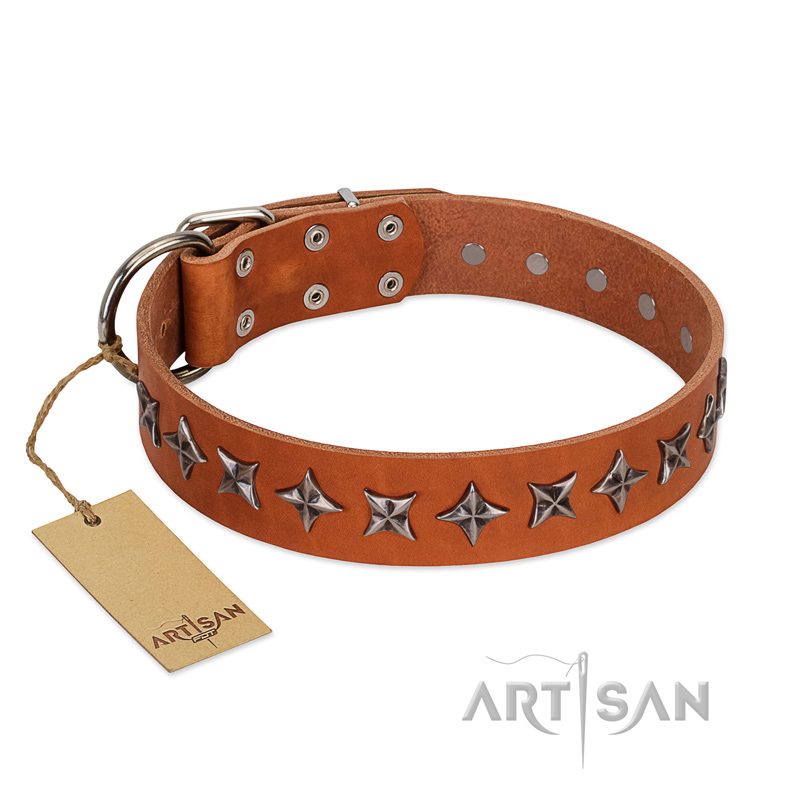 "Star Trek" FDT Artisan Tan Leather Cane Corso Collar Decorated with Stars - Click Image to Close