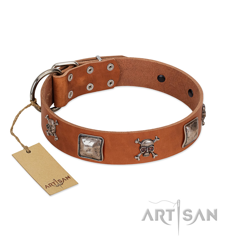 "Amorous Escapade" Embellished FDT Artisan Tan Leather Cane Corso Collar with Chrome Plated Crossbones and Plates