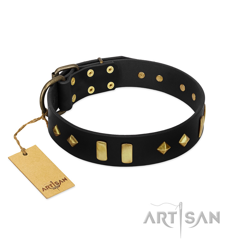 "De Luxe" FDT Artisan Black Leather Cane Corso Collar with Old Bronze-like Plates and Studs