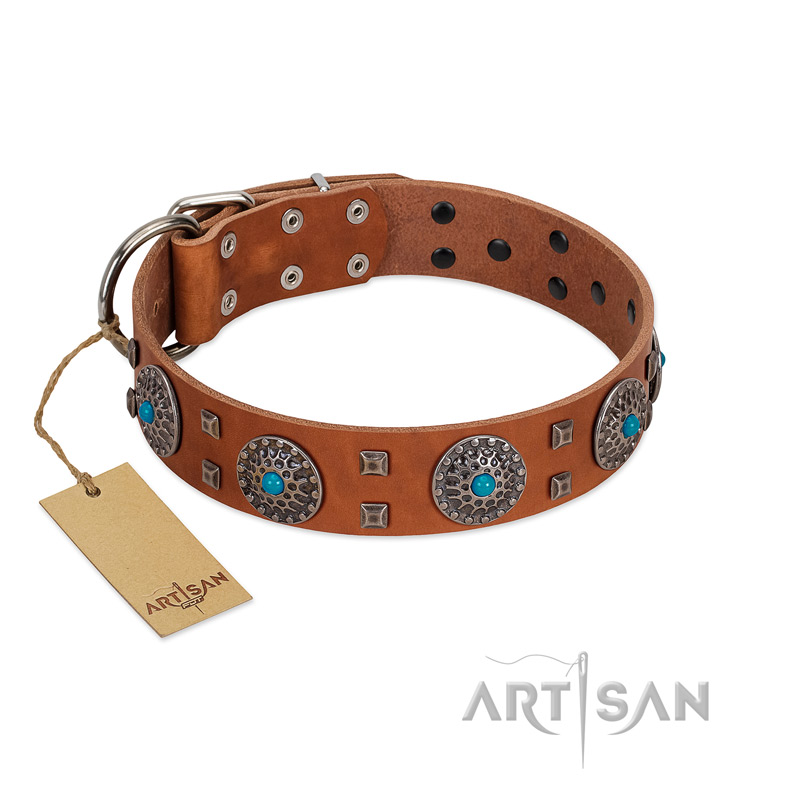 "Blue Sands" FDT Artisan Tan Leather Cane Corso Collar with Silver-like Studs and Round Conchos with Stones