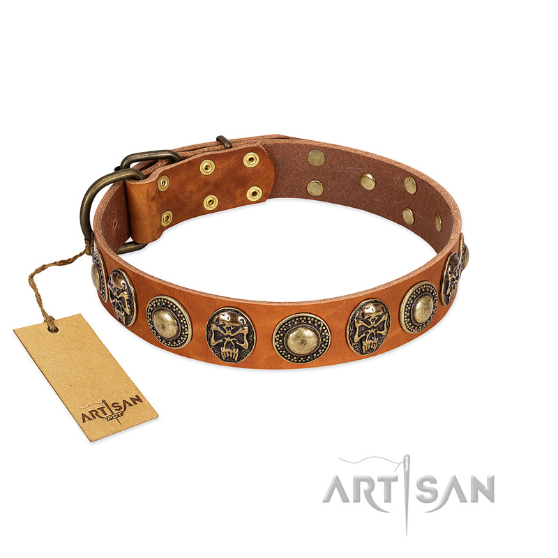 "Golden Epoch" FDT Artisan Tan Leather Cane Corso Collar with Old Bronze-plated Medallions and Conchos