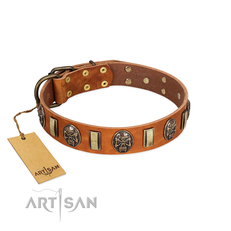 "Strike of Rock" FDT Artisan Tan Leather Cane Corso Collar with Plates and Medallions with Skulls