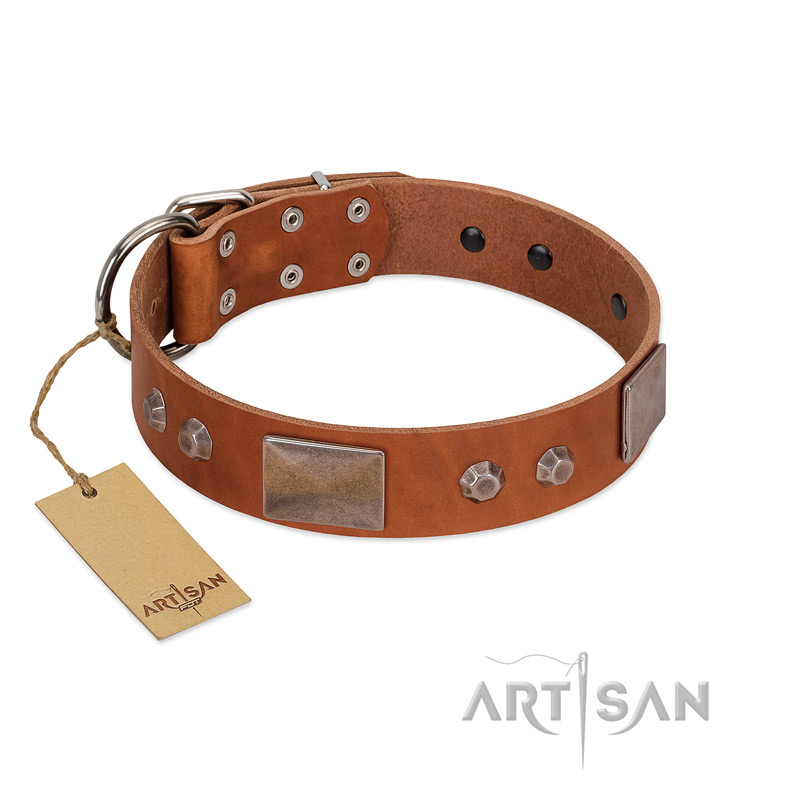 "Great Obelisk" Handcrafted FDT Artisan Tan Leather Cane Corso Collar with Large Plates and Pyramids