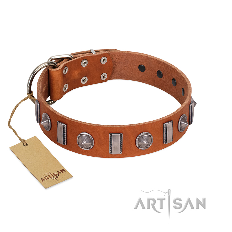 "Luxurious Necklace" FDT Artisan Tan Leather Cane Corso Collar with Silver-Like Adornments